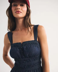 Chambray Bra-Free Button-Through Smocked Mini Dress
