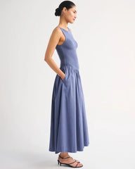 Mixed Fabric High-Neck Maxi Dress
