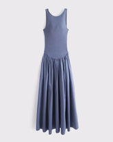 Mixed Fabric High-Neck Maxi Dress