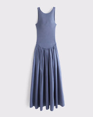Mixed Fabric High-Neck Maxi Dress