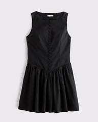 Linen-Cotton Blend High Neck Button-Embellished Mini Dress
