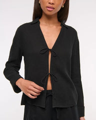Long-Sleeve Oversized Tie-Front Gauzy Shirt