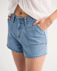 High Rise Linen-Blend Denim Short