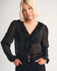 Sheer Embroidered Ruffle Button-Through Blouse