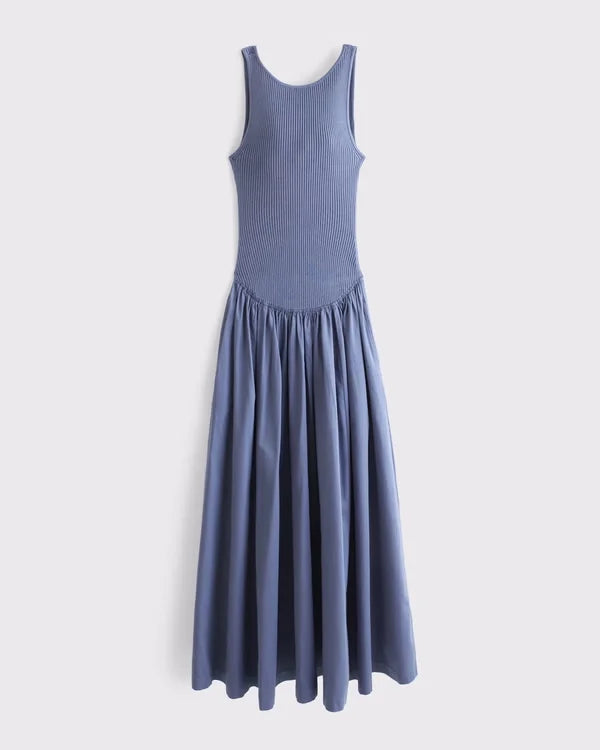 Mixed Fabric High-Neck Maxi Dress