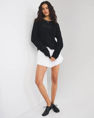 Open-Stitch Textural Crew Sweater