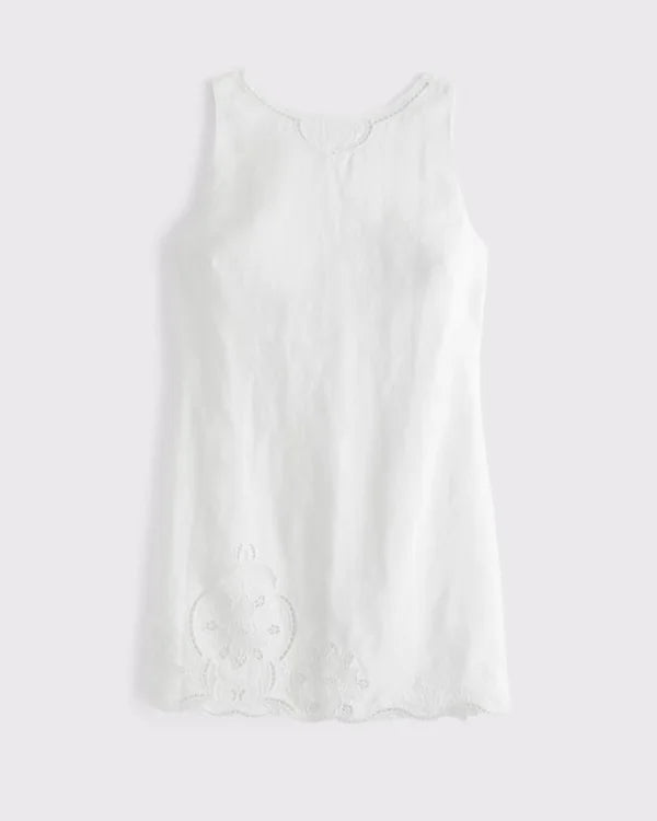 100% Linen Lace Cutwork Shift Mini Dress