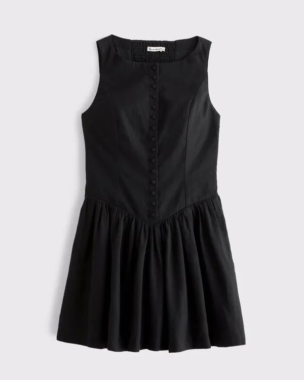 Linen-Cotton Blend High Neck Button-Embellished Mini Dress