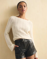 Airspun Cotton-Blend Pointelle Slash Neck Sweater