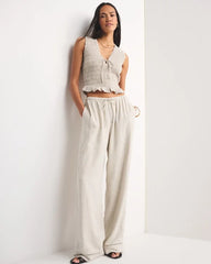Linen-Blend Smocked Tie-Front Top