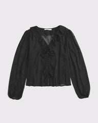 Sheer Embroidered Ruffle Button-Through Blouse