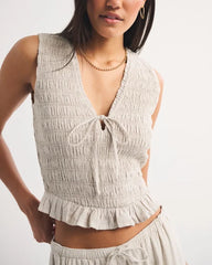 Linen-Blend Smocked Tie-Front Top