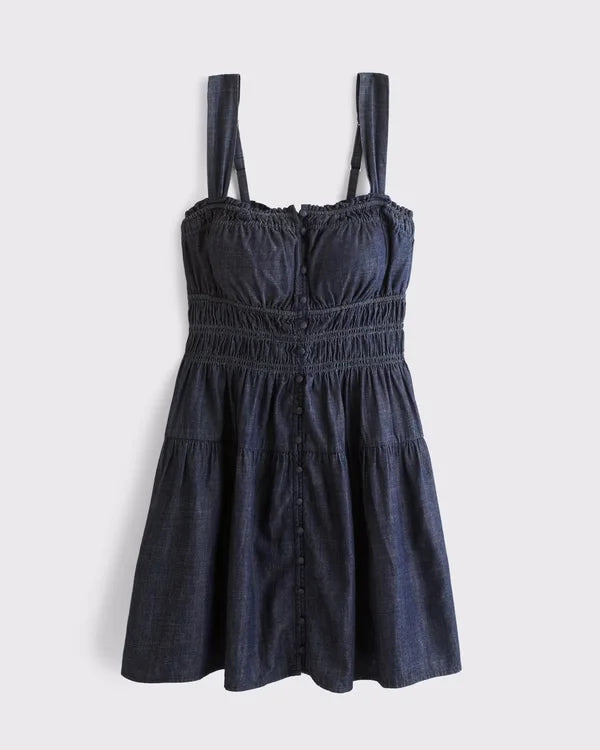 Chambray Bra-Free Button-Through Smocked Mini Dress