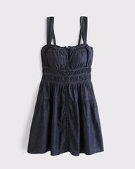 Chambray Bra-Free Button-Through Smocked Mini Dress