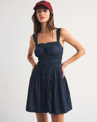 Chambray Bra-Free Button-Through Smocked Mini Dress