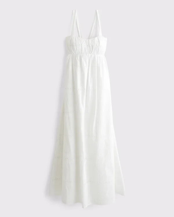 Bra-Free Eyelet Sweetheart Ruched Flowy Maxi Dress
