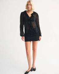 Sheer Embroidered Ruffle Button-Through Blouse